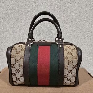 Gucci Sherry Line Beige and Brown Canvas Bag with Red and Green Stripe